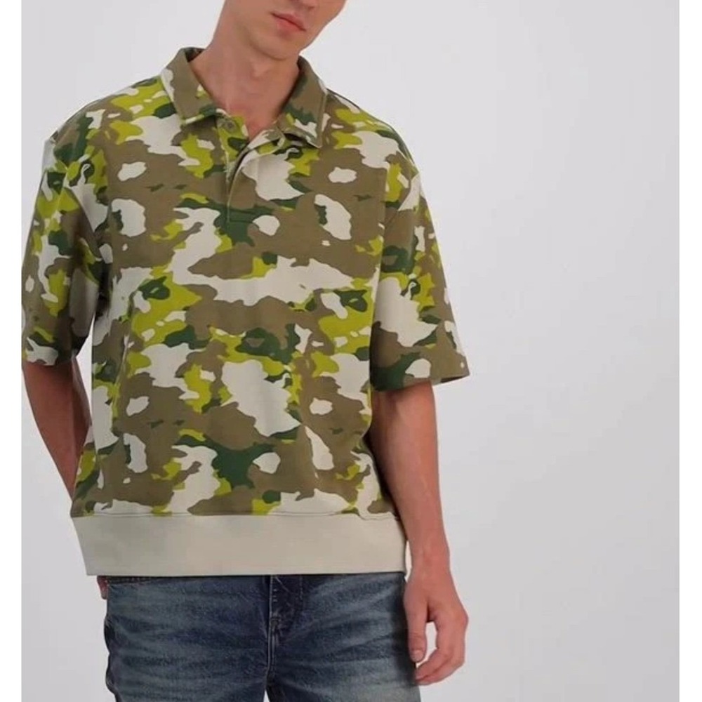 Mode of One Mens Relaxed Fit French Terry Polo Shirt Army Brown Camo XL NEW
